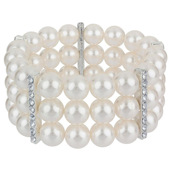 Cream Pearl Crystal 3-Row Stretch Bracelet - image 