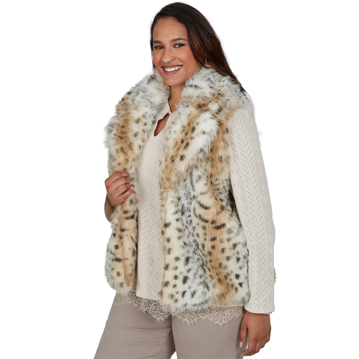 Plus Size Ruby Rd. Mythical Snow Leopard Faux Fur Vest
