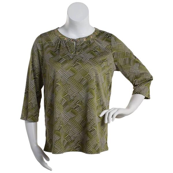 Plus Size Notations 3/4 Sleeve Puff Geo Grommet Neck Knit Blouse - image 
