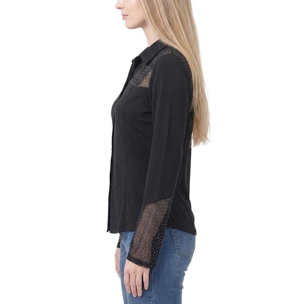 Womens NY Collection Long Sleeve Rhinestone Mesh Blouse