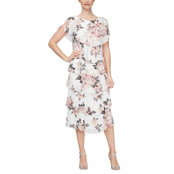 Petite SLNY Tea Length Floral Tier Shift Dress