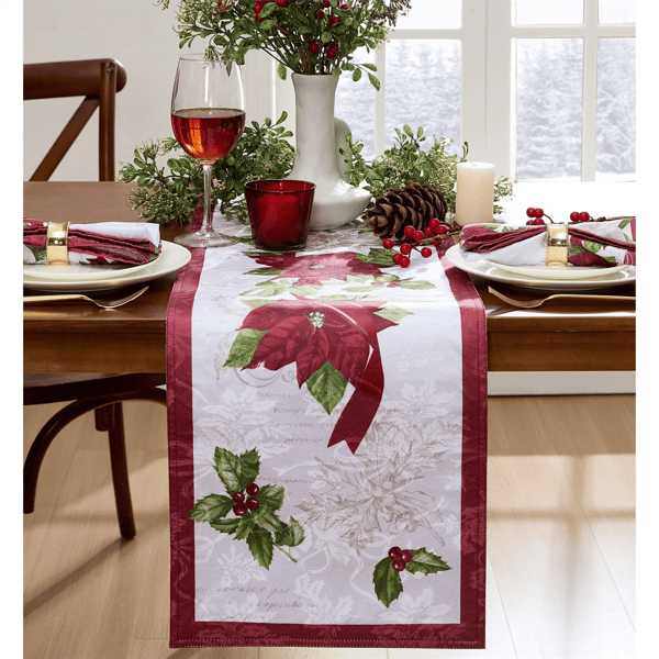 Threadmade Clarette Poinsettia Holiday Fabric Table Runner