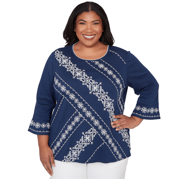 Plus Size Alfred Dunner Mykonos 3/4 Sleeve Diagonal Scroll Blouse