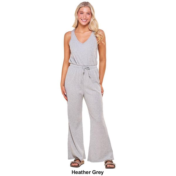 Juniors No Comment Ribbed V-Neck Cinched Waist Jumpsuit
