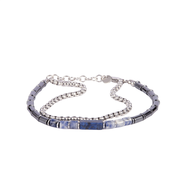 Mens Iron Saints Blue & Silver Bead Box Chain Layered Bracelets