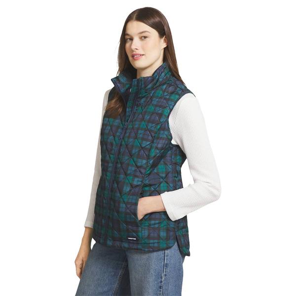 Womens LANDS’ END® Black Watch Plaid Mock Neck Zip-Up Puffer Vest