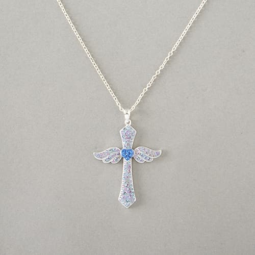 Silver Plated Iridescent Cross w/ Wings & Heart Pendant...
