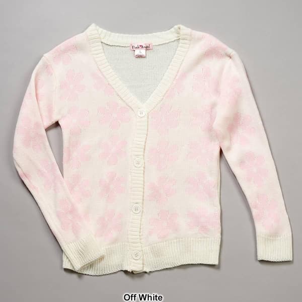 Girls &#40;7-16&#41; Pink Angel&#8482; Flower Button Down Knit Cardigan
