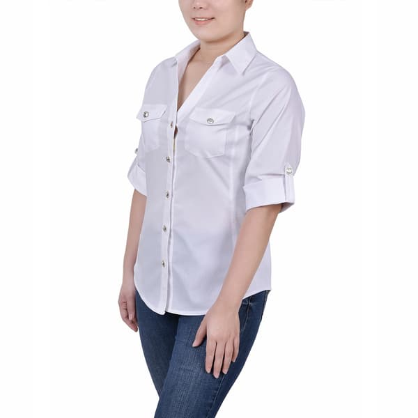 Womens NY Collection Casual Button Down Solid Rib w/Embellish