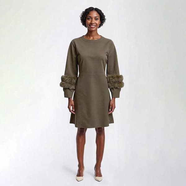 Womens Birch Long Sleeve Fur Trim Cuff Solid Sweater Dress