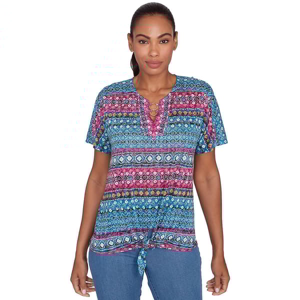 Petite Ruby Rd. Global Luxe Short Sleeve Batik Stripe Blouse - image 