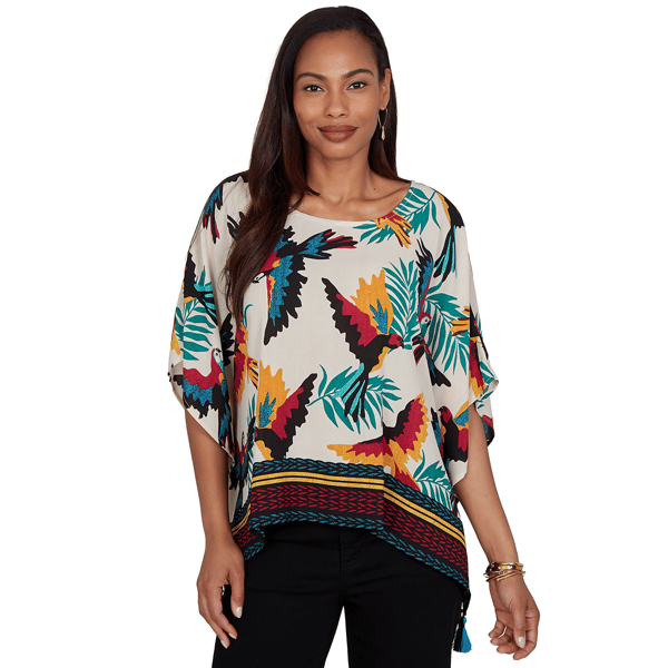 Womens Ruby Rd. Tropical Noir Elbow Sleeve Paradise Birds Blouse - image 