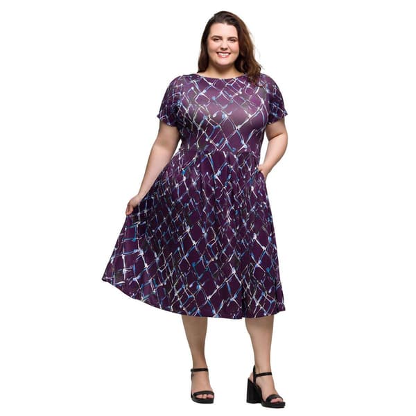 Plus Size 24/7 Comfort Apparel Purple Flare Midi Pocket Dress