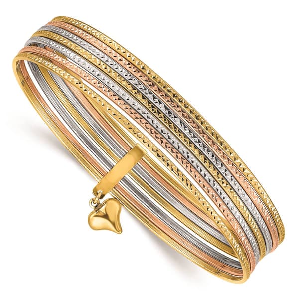 14kt. Dangle Heart Tri-Color Set of 7 Textured Bangles - image 