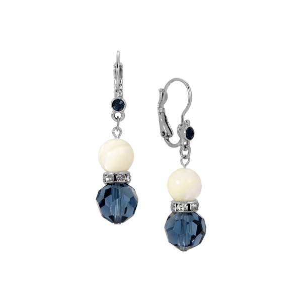1928 Silver-Tone Mother of Pearl & Blue Bead Drop Earring - image 