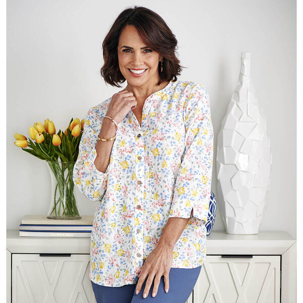 Petites Napa Valley 3/4 Sleeve Floral Eyelet Blouse - image 