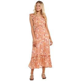 Womens Luxology Ruffle Trrim Sleeve Print Papaya Maxi Dress