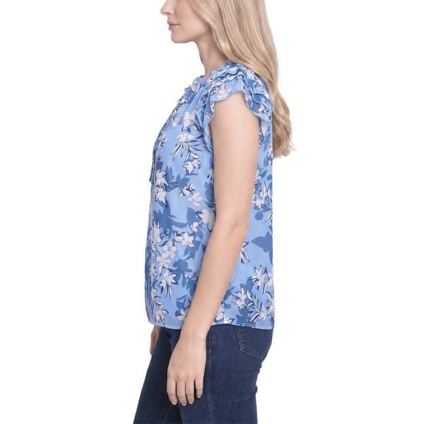Womens NY Collection Layered Cap Sleeve Tie Neck Floral Blouse
