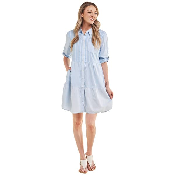 Womens da-sh Roll Tab Sleeve Stripe Tier Shirtdress