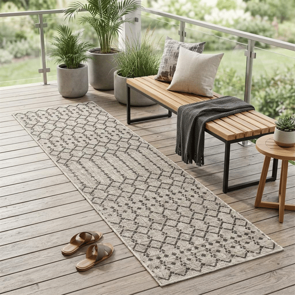 HomeRoots Light Grey & Black Trellis Indoor Outdoor Runner Rug - image 