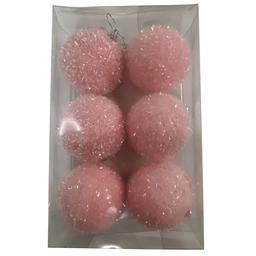 Foam Pink Flock Glitter Ball Ornaments - Set of 6