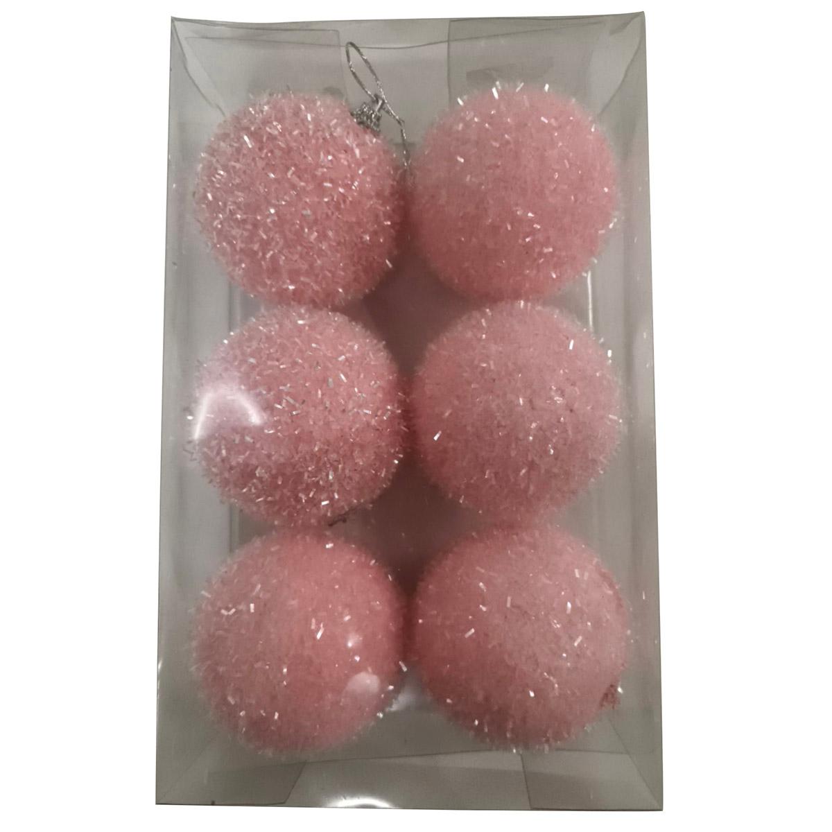 Foam Pink Flock Glitter Ball Ornaments - Set of 6