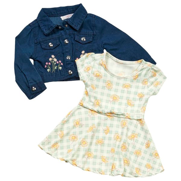 Toddler Girl Young Hearts Yummy Plaid Floral Dress & Denim Jacket - image 