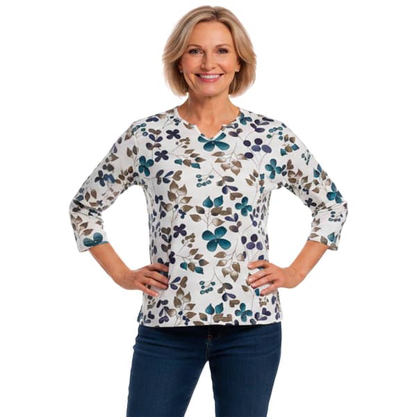 Petite Hasting & Smith 3/4 Sleeve Spring Leaf Split Neck Tee