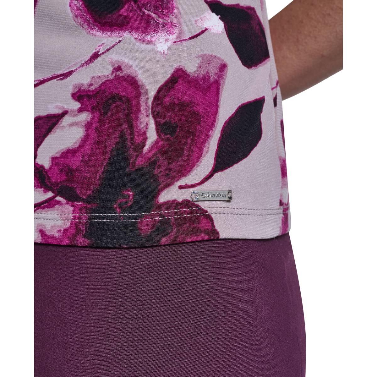 Petite Calvin Klein Sleeveless Pleat Neck Floral Blouse