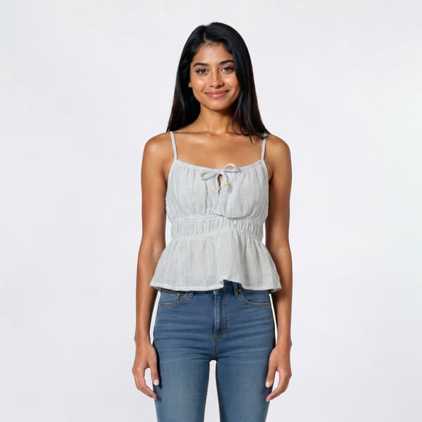 Juniors No Comment Lurex Stripe Crop Tank With Bead Tie - image 