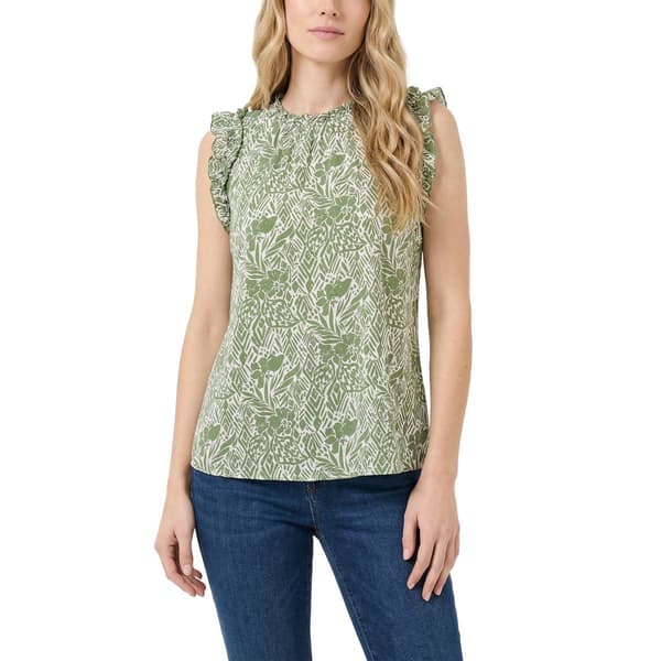 Petite NY Collection Ruffle Trim Collar Abstract Olive Blouse
