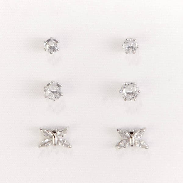 Silver-Tone CZ Stud & Butterfly Earring Trio Set
