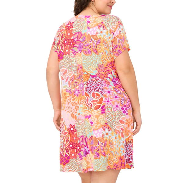 Plus Size MSK Short Sleeve Floral Pleated Bottom A-Line Dress