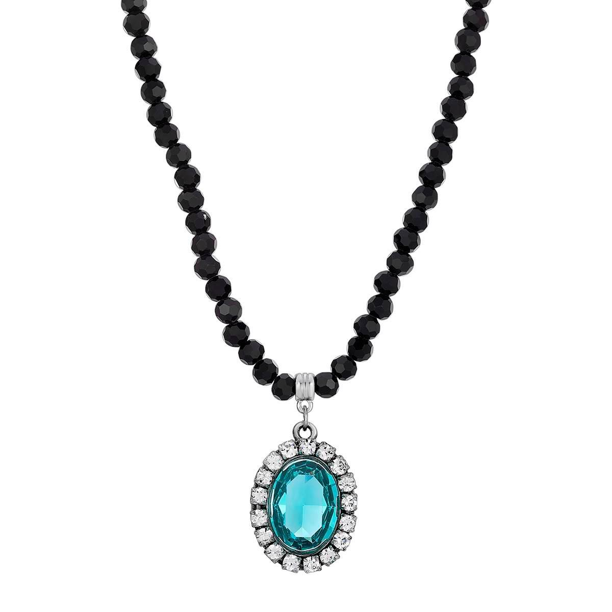 1928 Silver Tone Blue Zircon Black Beaded Necklace