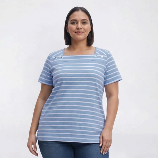 Plus Size Hasting & Smith Short Sleeve Stripe Button Shoulder Tee