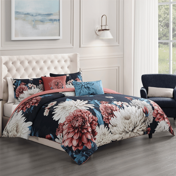 Bebejan Navy Mums 5pc. Reversible Comforter Set
