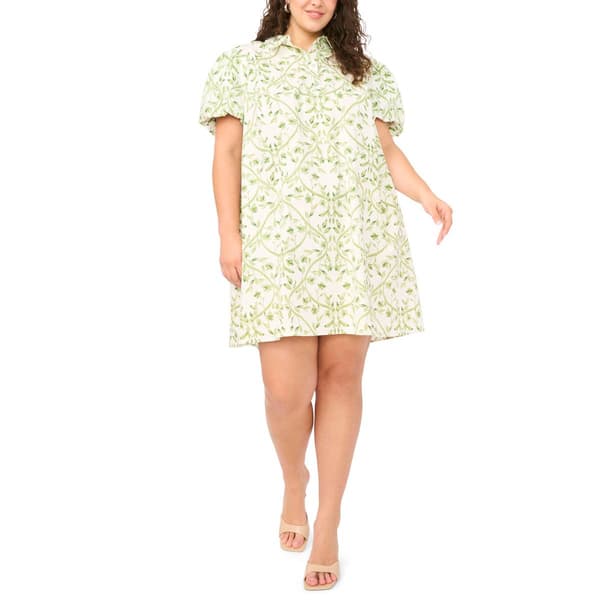 Plus Size MSK Short Puff Sleeve Leaf Cotton Poplin Shirtdress