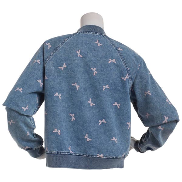 Juniors No Comment Denim Bomber Jacket with Bows