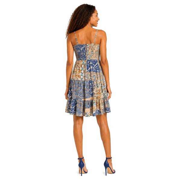 Juniors Angie Smock Bodice Patchwork Print Skater Dress