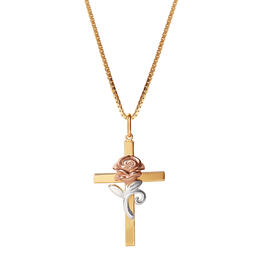 Sterling Silver Tri-Tone Cross with Rose Pendant Necklace