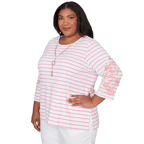 Plus Size Alfred Dunner Classics 3/4 Floral Sleeve Stripe Blouse