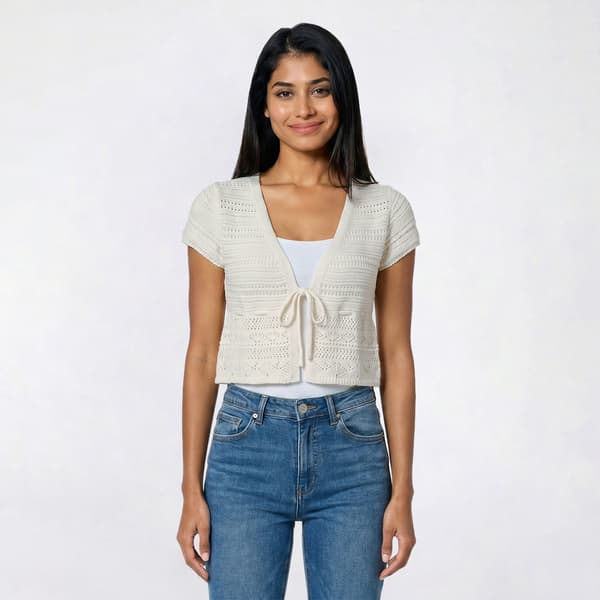 Juniors Pink Rose Short Sleeve Pointelle Tie Front Cardigan