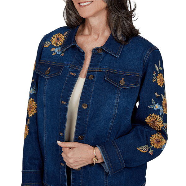 Womens Alfred Dunner Tuscany Sunflower Embroidered Denim Jacket