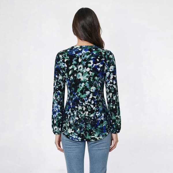Womens Anne Klein Long Elastic Sleeve Floral Split Neck Blouse