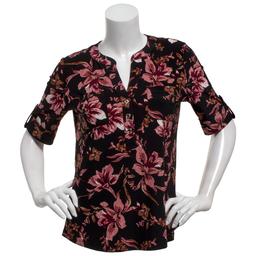 Womens AK Anne Klein Elbow Sleeve Button Front Floral Blouse
