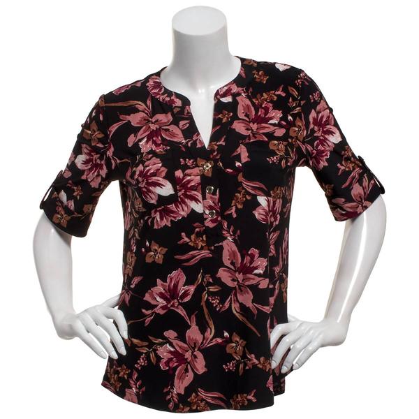Womens AK Anne Klein Elbow Sleeve Button Front Floral Blouse - image 