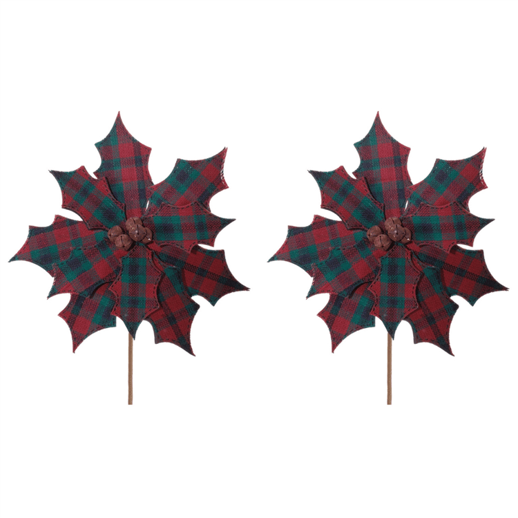 Melrose Rustic Plaid Poinsettia Stem - Set of 2
