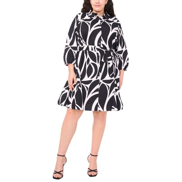 Plus Size MSK 3/4 Sleeve Abstract Tie Waist Shirtdress