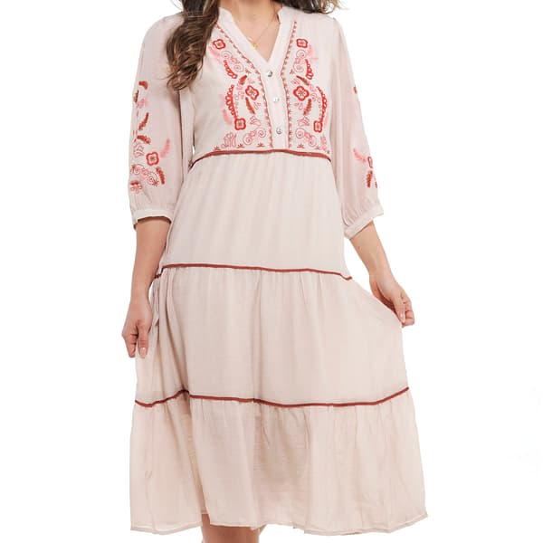 Womens Figueroa & Flower Elbow Sleeve Embroidered Tier Dress