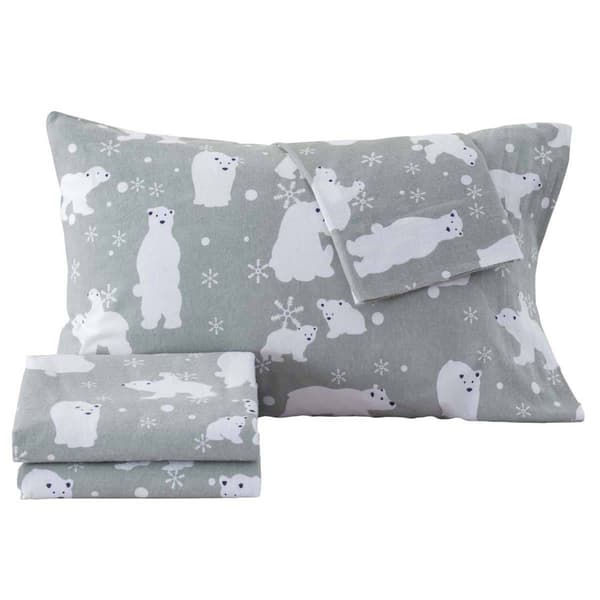 Freshfolds Cotton Grey Polar Bear Winter 4pc. Flannel Sheet Set - image 